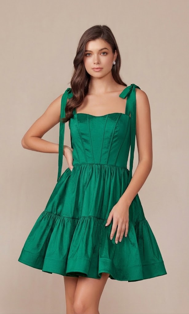 Nox Anabel T869 Short A-Line Homecoming Dress with Tie Shoulders & Corset