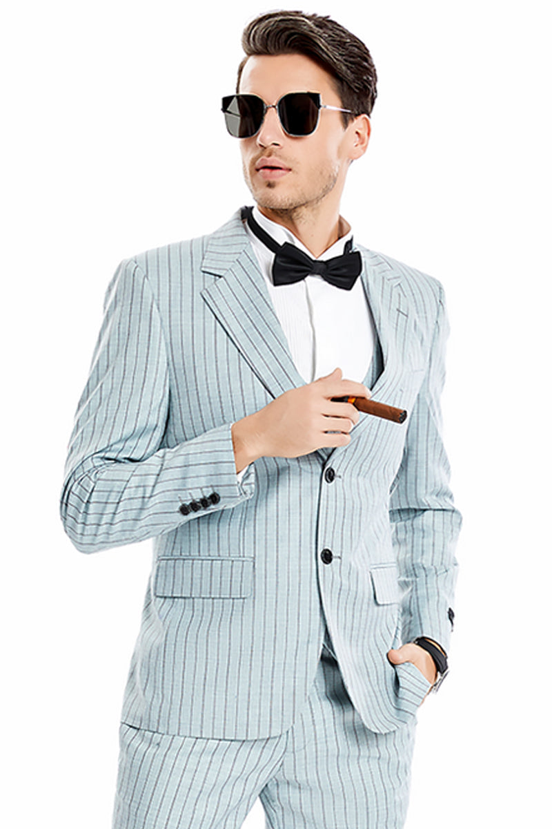 Traje de hombre de raya diplomática estilo vintage con solapa ancha y dos botones en gris menta