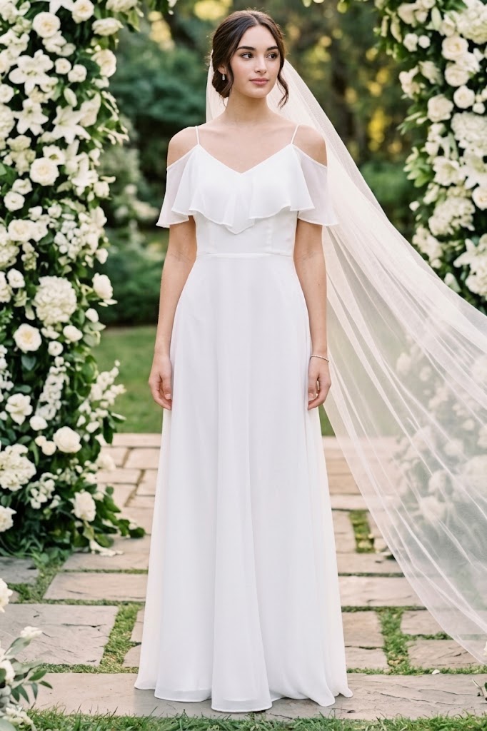 Cold-Shoulder Chiffon Wedding Gown with Ruffle Bodice by Eva USA 3263