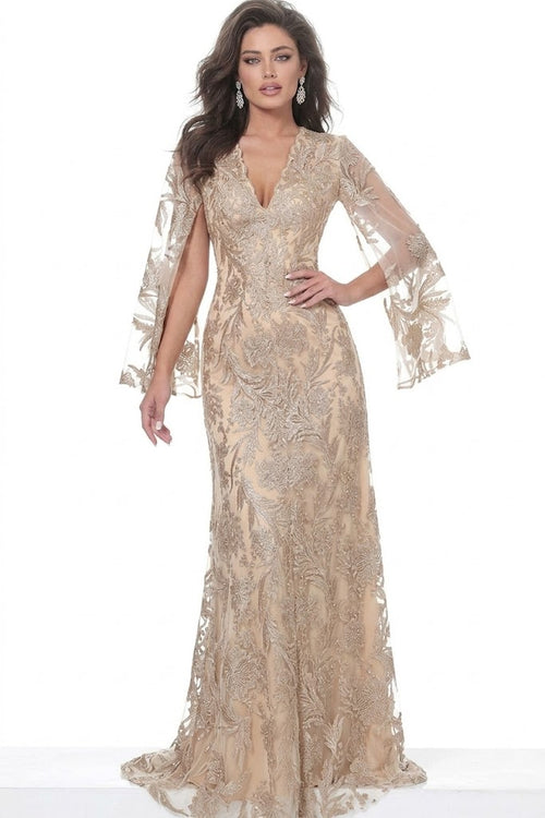 Jovani 00752 Navy and Nude Cape Sleeve Mother of Bride Dress Novelty Lace Sheath Gown