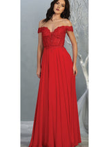 Red Bridesmaid Dresses-Inexpensive Chiffon Off Shoulder MQ1714