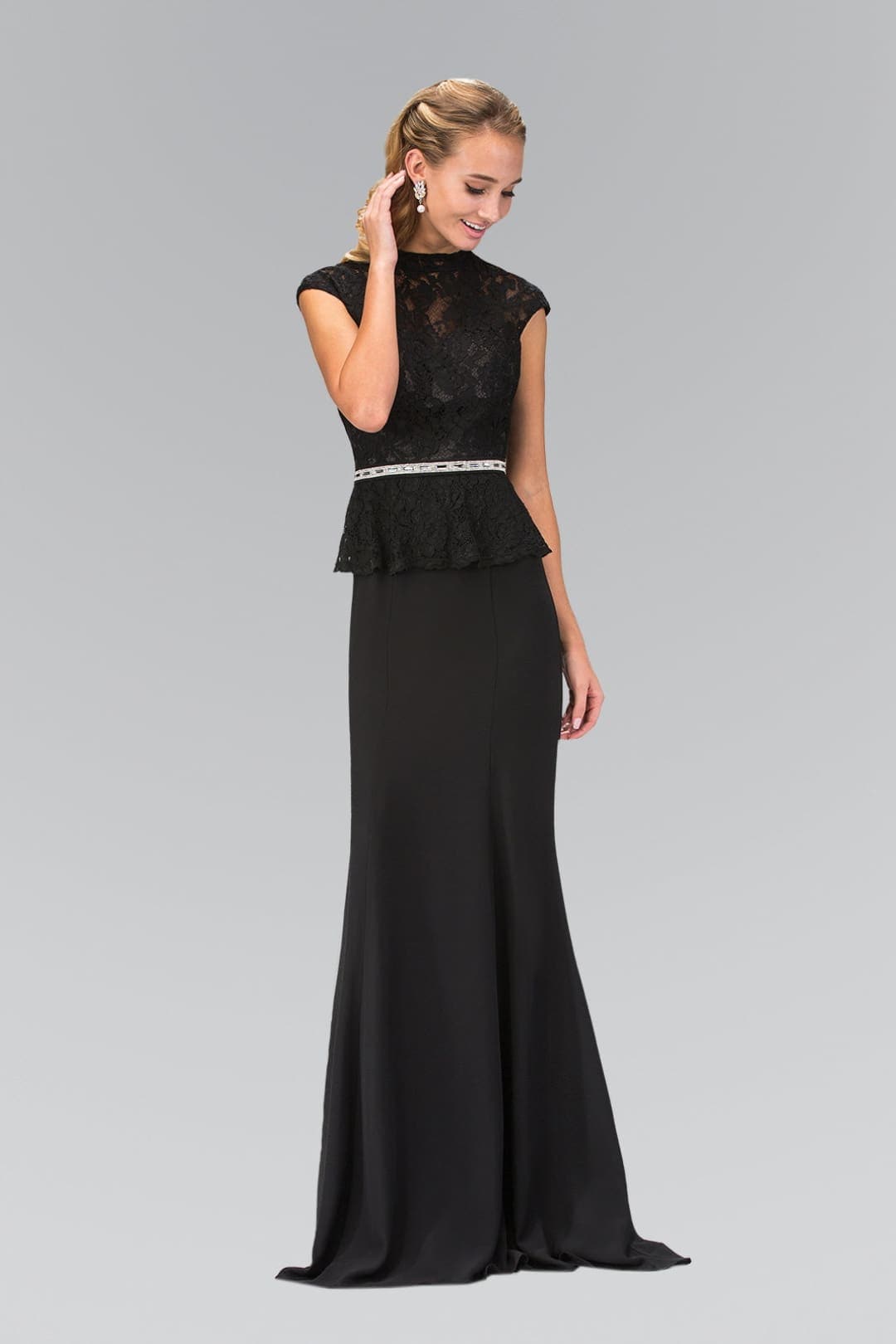 High Neck Cap Sleeve Peplum Long Dress- GL1421 - BLACK / S - Dresses