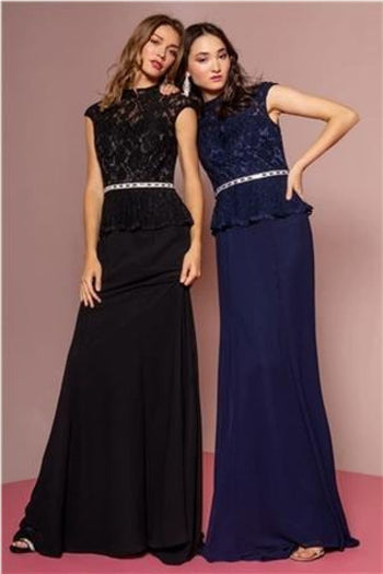 High Neck Cap Sleeve Peplum Long Dress- GL1421