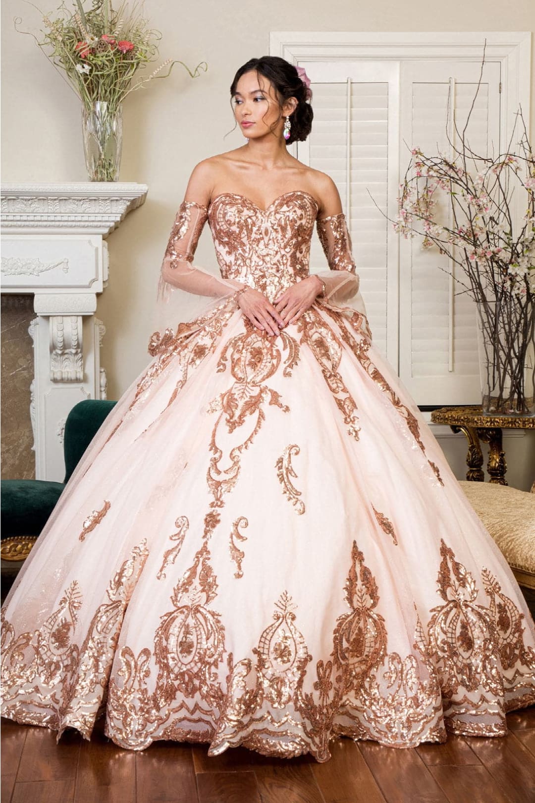 Elizabeth K GL1914 Detachable Sleeves Embellish Tiered Tail Ball Gown - CHAMPAGNE / XS - Dress