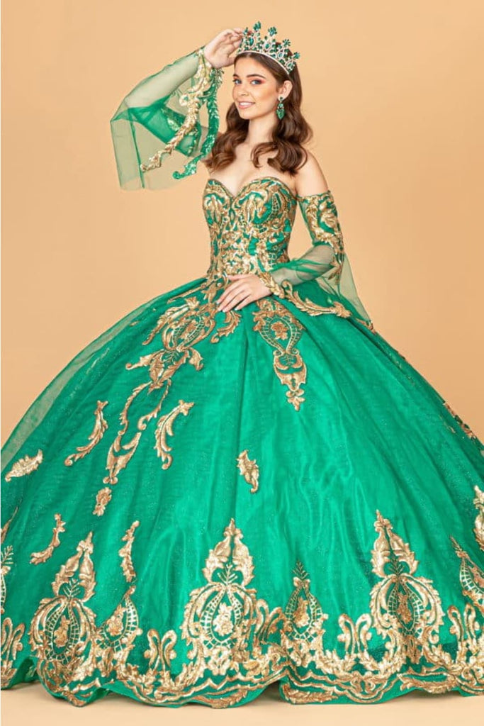 Elizabeth K GL1914 Detachable Sleeves Embellish Tiered Tail Ball Gown - EMERALD GREEN / XS - Dress