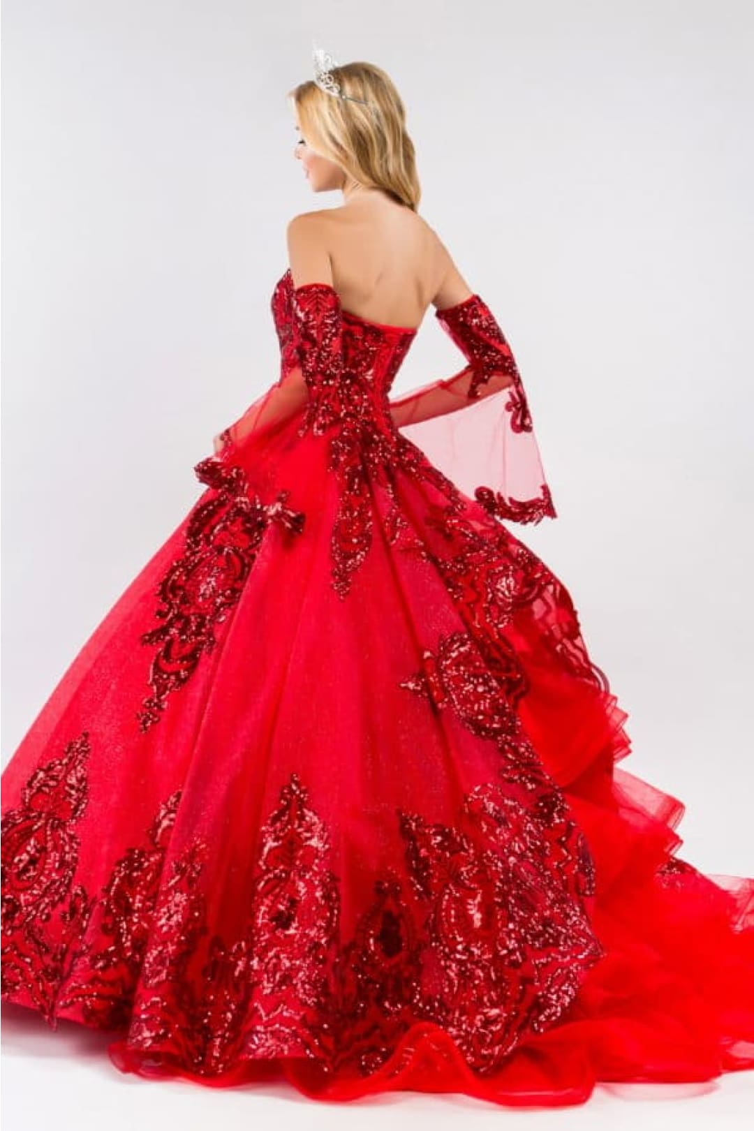 Elizabeth K GL1914 Detachable Sleeves Embellish Tiered Tail Ball Gown - Dress