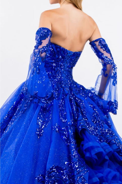 Elizabeth K GL1914 Detachable Sleeves Embellish Tiered Tail Ball Gown - Dress