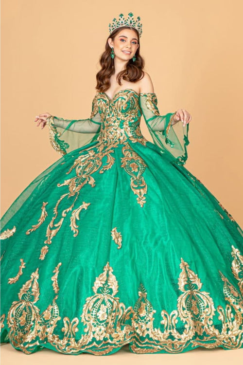 Elizabeth K GL1914 Detachable Sleeves Embellish Tiered Tail Ball Gown - Dress