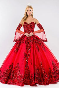 Elizabeth K GL1914 Detachable Sleeves Embellish Tiered Tail Ball Gown - RED / XS - Dress