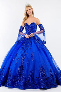 Elizabeth K GL1914 Detachable Sleeves Embellish Tiered Tail Ball Gown - ROYAL BLUE / XS - Dress