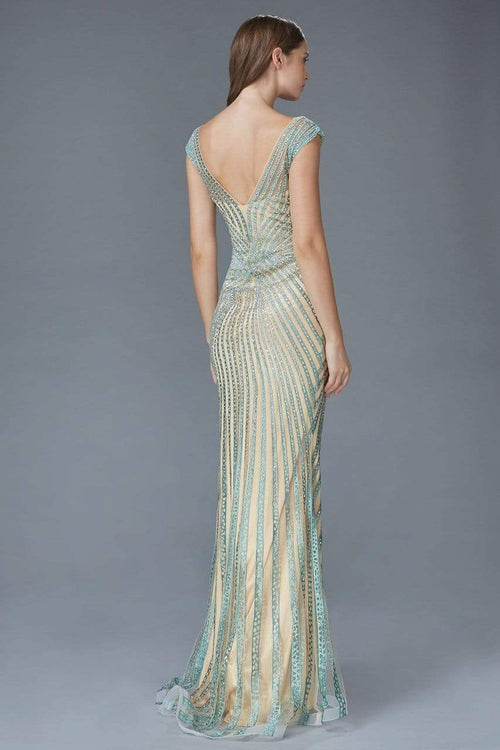 Beaded Mesh Sheath Evening Gown Illusion V-Neck Cap Sleeve Formal Dress by Elizabeth K GL2053