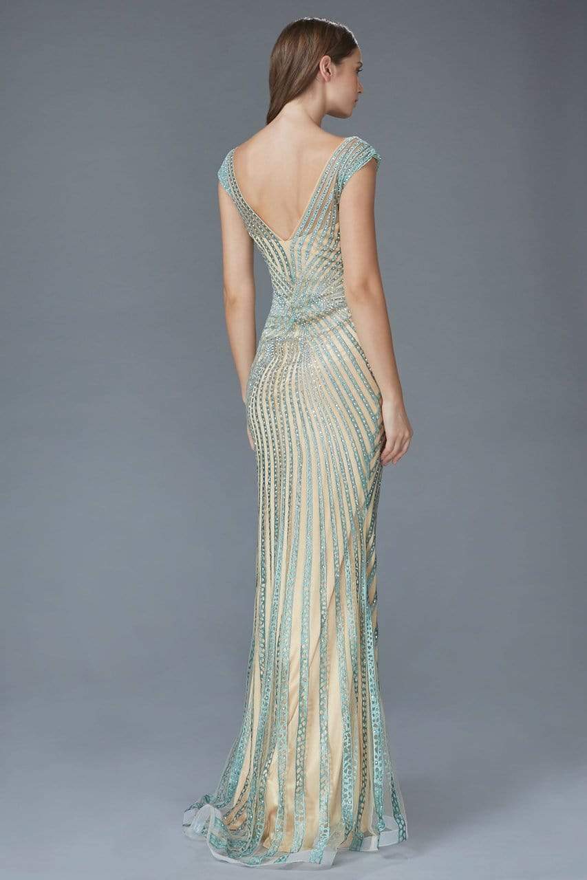 Beaded Mesh Sheath Evening Gown Illusion V-Neck Cap Sleeve Formal Dress by Elizabeth K GL2053