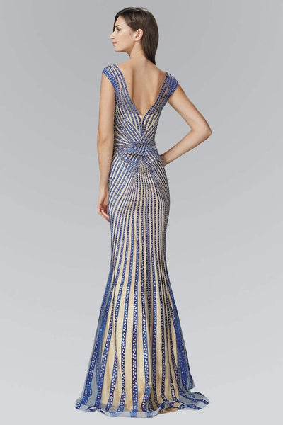 Beaded Mesh Sheath Evening Gown Illusion V-Neck Cap Sleeve Formal Dress by Elizabeth K GL2053