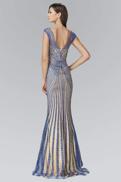Beaded Mesh Sheath Evening Gown Illusion V-Neck Cap Sleeve Formal Dress by Elizabeth K GL2053