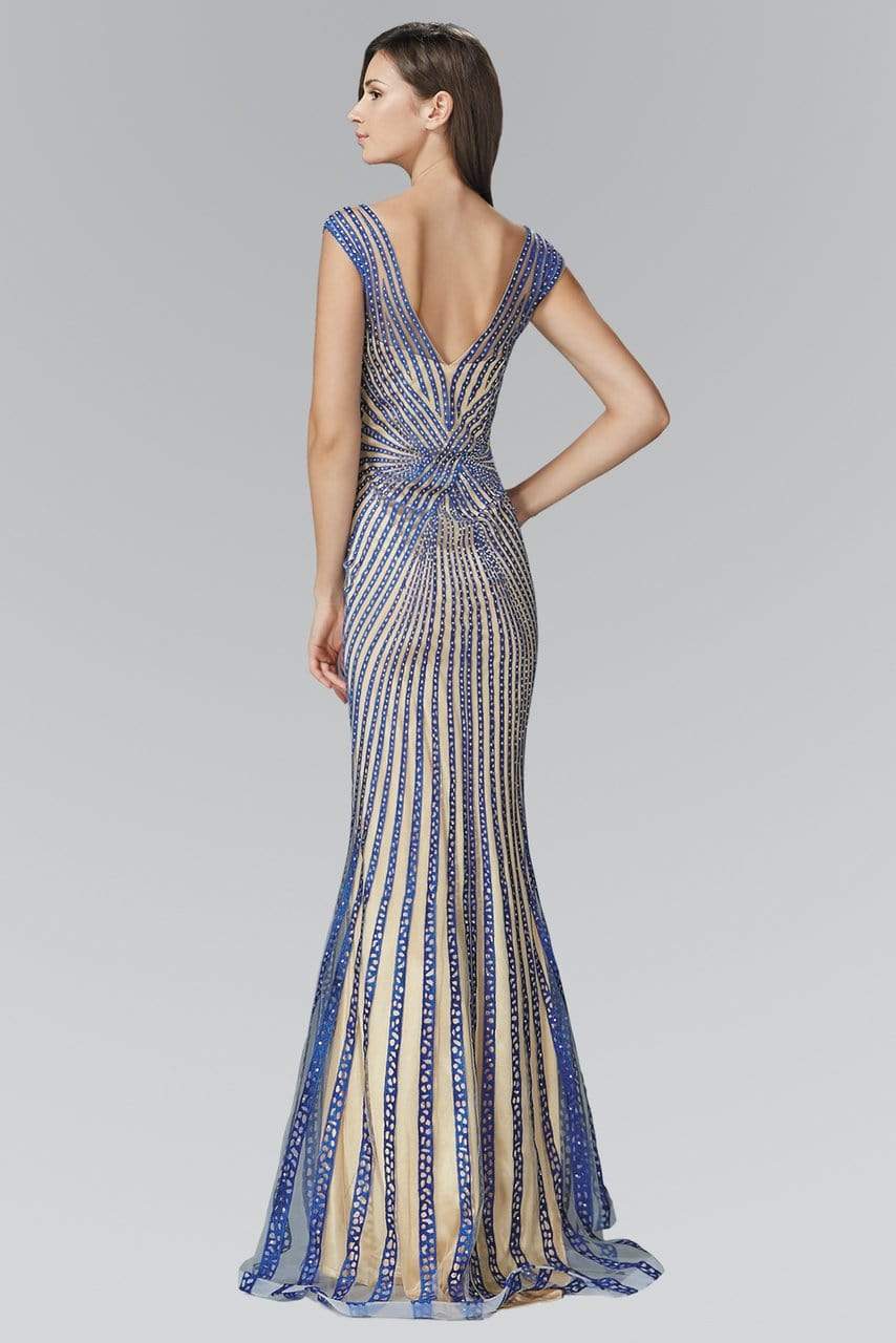 Beaded Mesh Sheath Evening Gown Illusion V-Neck Cap Sleeve Formal Dress by Elizabeth K GL2053