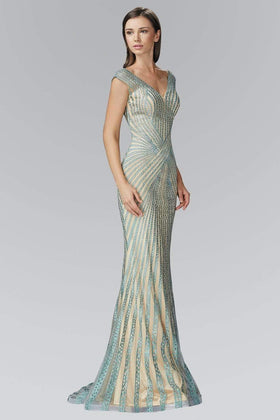 Beaded Mesh Sheath Evening Gown Illusion V-Neck Cap Sleeve Formal Dress by Elizabeth K GL2053