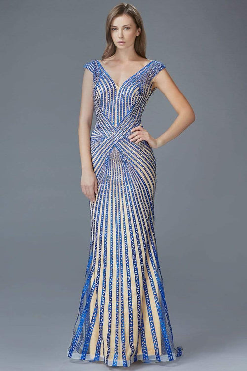 Beaded Mesh Sheath Evening Gown Illusion V-Neck Cap Sleeve Formal Dress by Elizabeth K GL2053