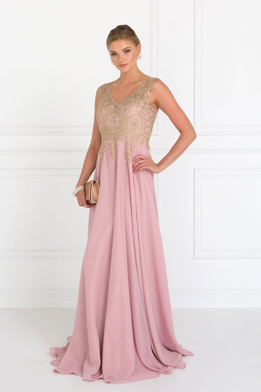 Elizabeth K GL3028 A- line Chiffon Dress - DUSTY ROSE / XS