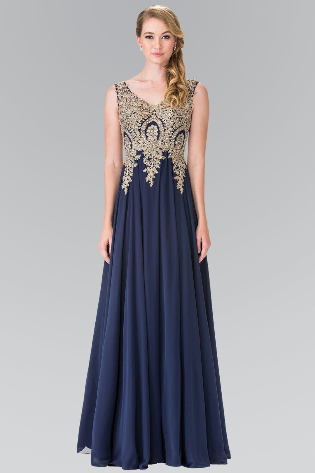 Elizabeth K GL3028 A- line Chiffon Dress - NAVY / XS