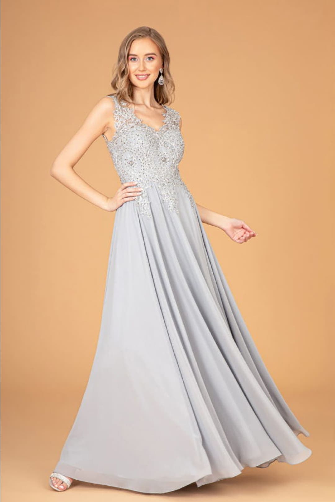 Elizabeth K GL3028 A- line Chiffon Dress - SILVER / XS