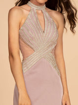 Elizabeth K GL2573 Sexy Choker Neckline Sheer Mauve Formal Prom Dress