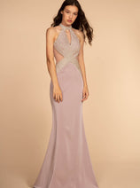 Elizabeth K GL2573 Sexy Choker Neckline Sheer Mauve Formal Prom Dress