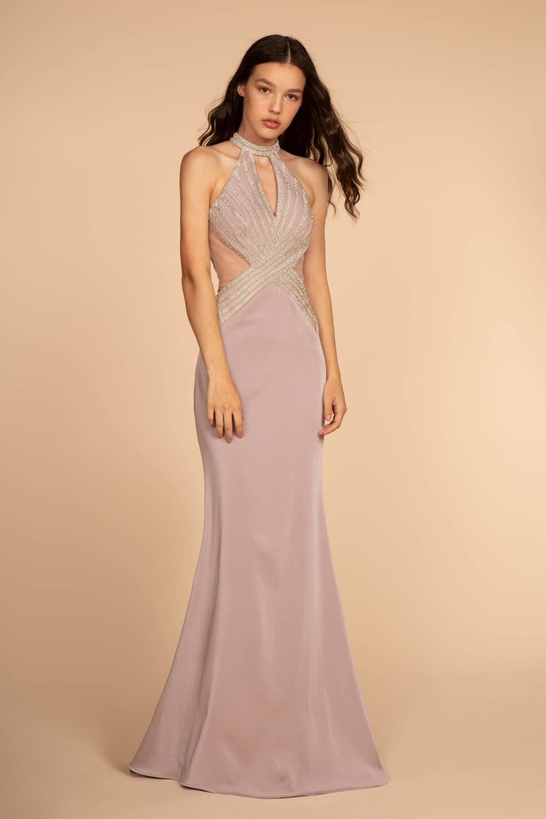 Designer FDSG2573 Choker Neckline Dress, Mauve Designer FDSG2573 Choker Neckline Dress, Mauve