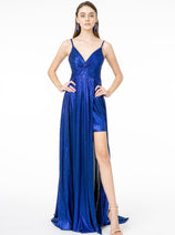 Elizabeth K GL2927 Spaghetti Straps Glossy A-Line Evening Gown
