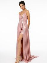 Elizabeth K GL2927 Spaghetti Straps Glossy A-Line Evening Gown