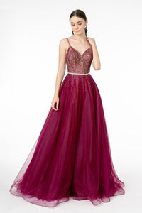Elizabeth K GL2991 A-Line Mesh Evening Gown - WINE / XS