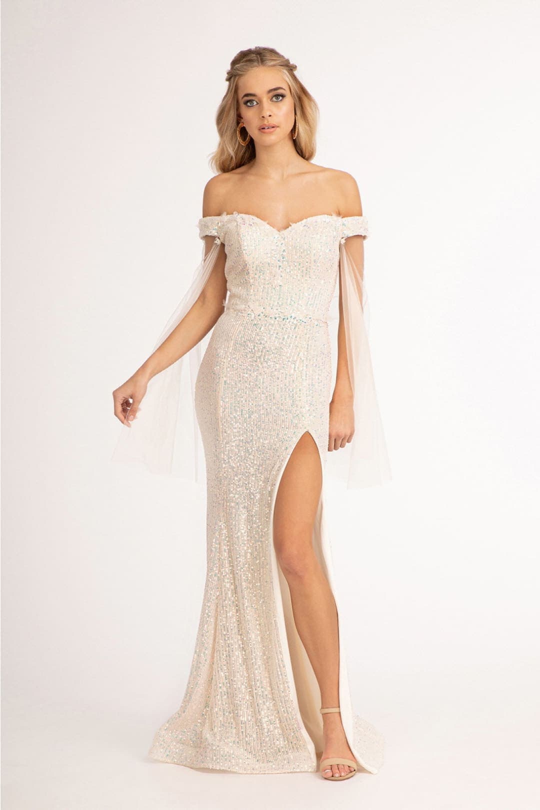 Elizabeth K GL3054 Flower Applique Sequin Mermaid Dress - CHAMPAGNE / XS