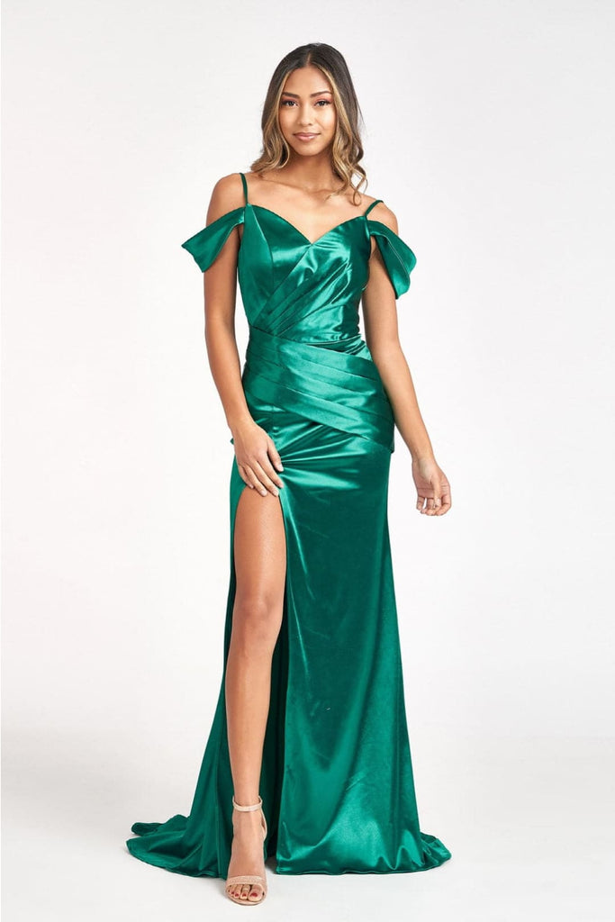 Elizabeth K GL3060 Cold Shoulder Long Simple Satin Prom Gown - EMERALD GREEN / XS Dresses