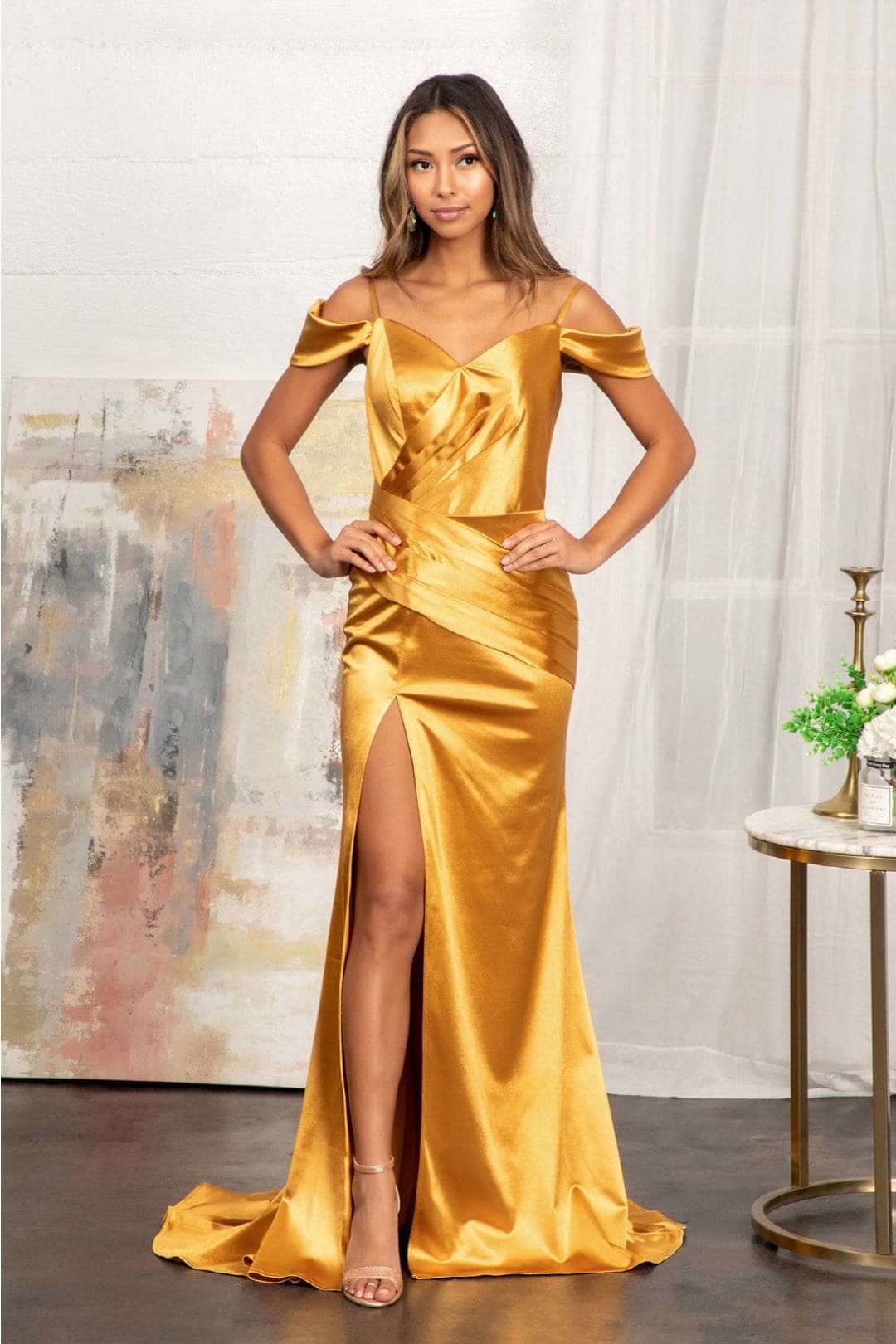 Elizabeth K GL3060 Cold Shoulder Long Simple Satin Prom Gown - GOLD / XS Dresses