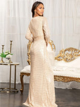 Elizabeth K GL3063 Long Sleeve Sequin Dress with High Slit