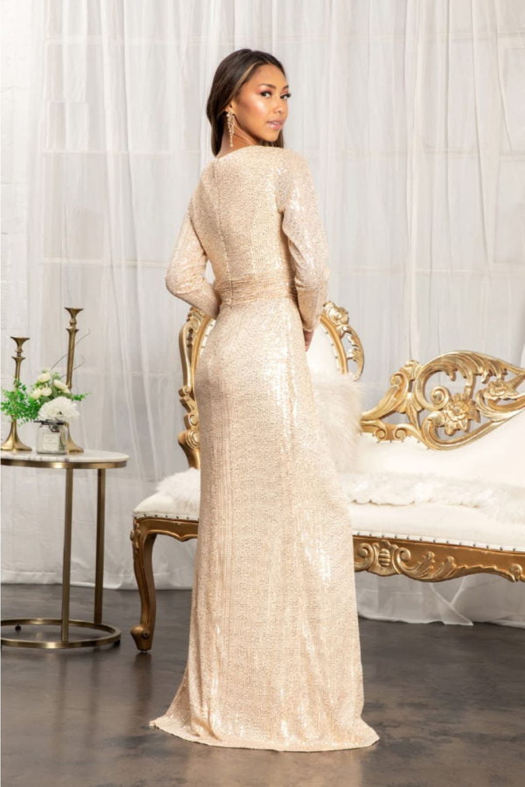 Elizabeth K GL3063 Long Sleeve Sequied Dress
