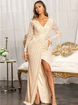 Elizabeth K GL3063 Long Sleeve Sequin Dress with High Slit