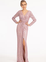 Elizabeth K GL3063 Long Sleeve Sequin Dress with High Slit