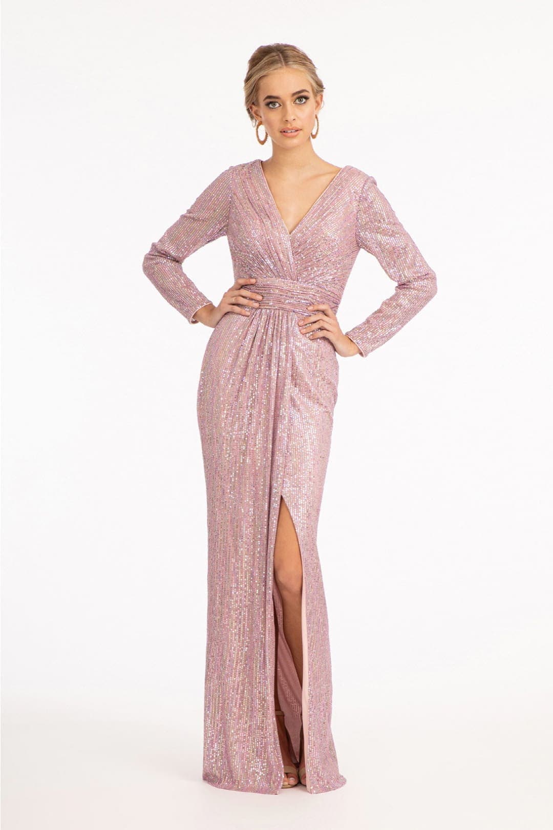 Elizabeth K GL3063 Long Sleeve Sequied Dress - MAUVE / S
