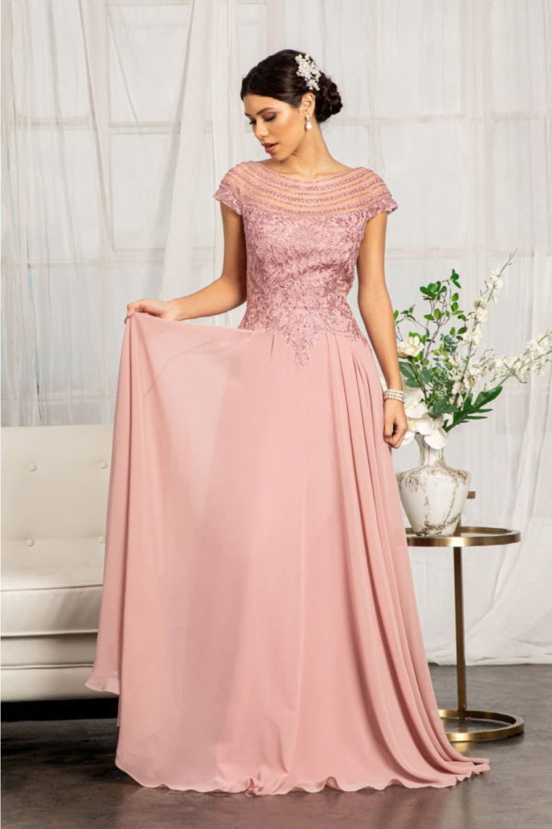 Elizabeth K GL3065 Embellished Chiffon Long Gown - Dusty Rose / 4XL - Dresses