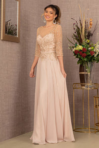 Elizabeth K GL3066 Embroidered Chiffon A-line Dress - CHAMPAGNE / S