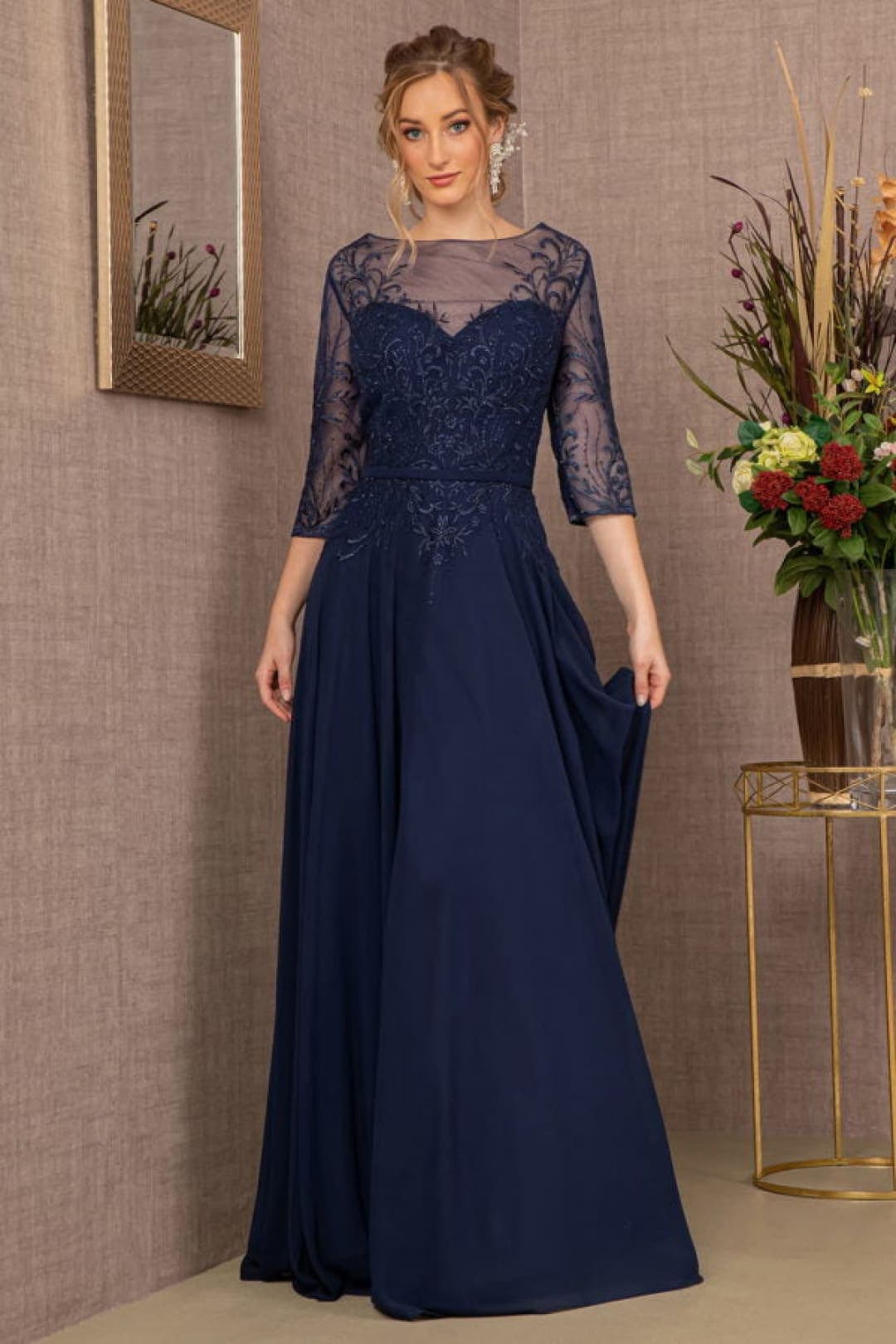 Elizabeth K GL3066 Embroidered Chiffon A-line Dress - NAVY BLUE / S