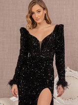 Elizabeth K GL3122 High Slit Gown with Feathers