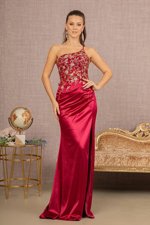 Elizabeth K GL3125 Sheer Bodice Glitter Formal Gown - BURGUNDY / XS - Dress