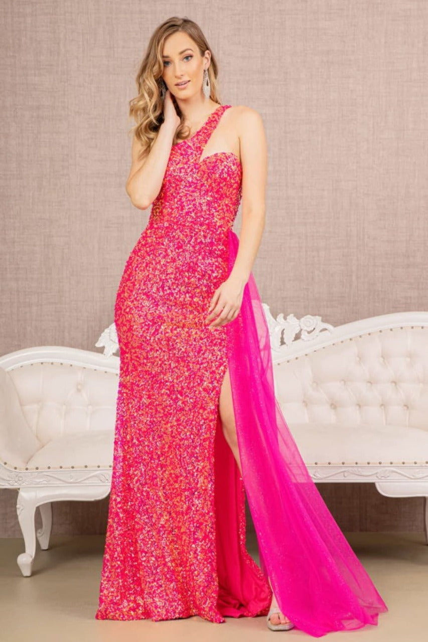 La Merchandise LAS3133 Sequin Glitter Asymmetric Long Dress - FUCHSIA / XS