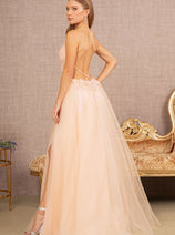 Elizabeth K GL3152 V-Neck Flower Applique Sheer Prom Sexy Formal Dress