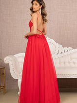 Elizabeth K GL3152 V-Neck Flower Applique Sheer Prom Sexy Formal Dress