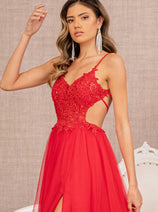 Elizabeth K GL3152 V-Neck Flower Applique Sheer Prom Sexy Formal Dress