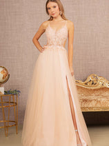 Elizabeth K GL3152 V-Neck Flower Applique Sheer Prom Sexy Formal Dress