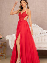 Elizabeth K GL3152 V-Neck Flower Applique Sheer Prom Sexy Formal Dress