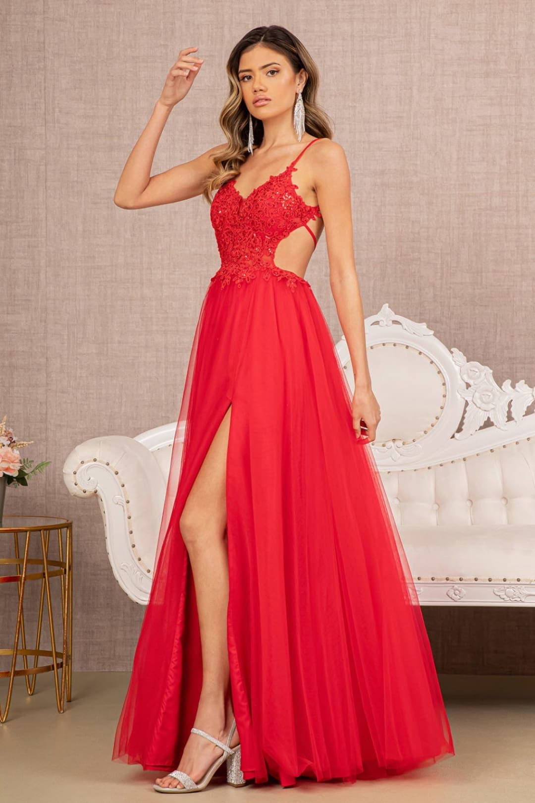 Elizabeth K GL3152 Flower Applique Sheer Prom Dress - RED / XS